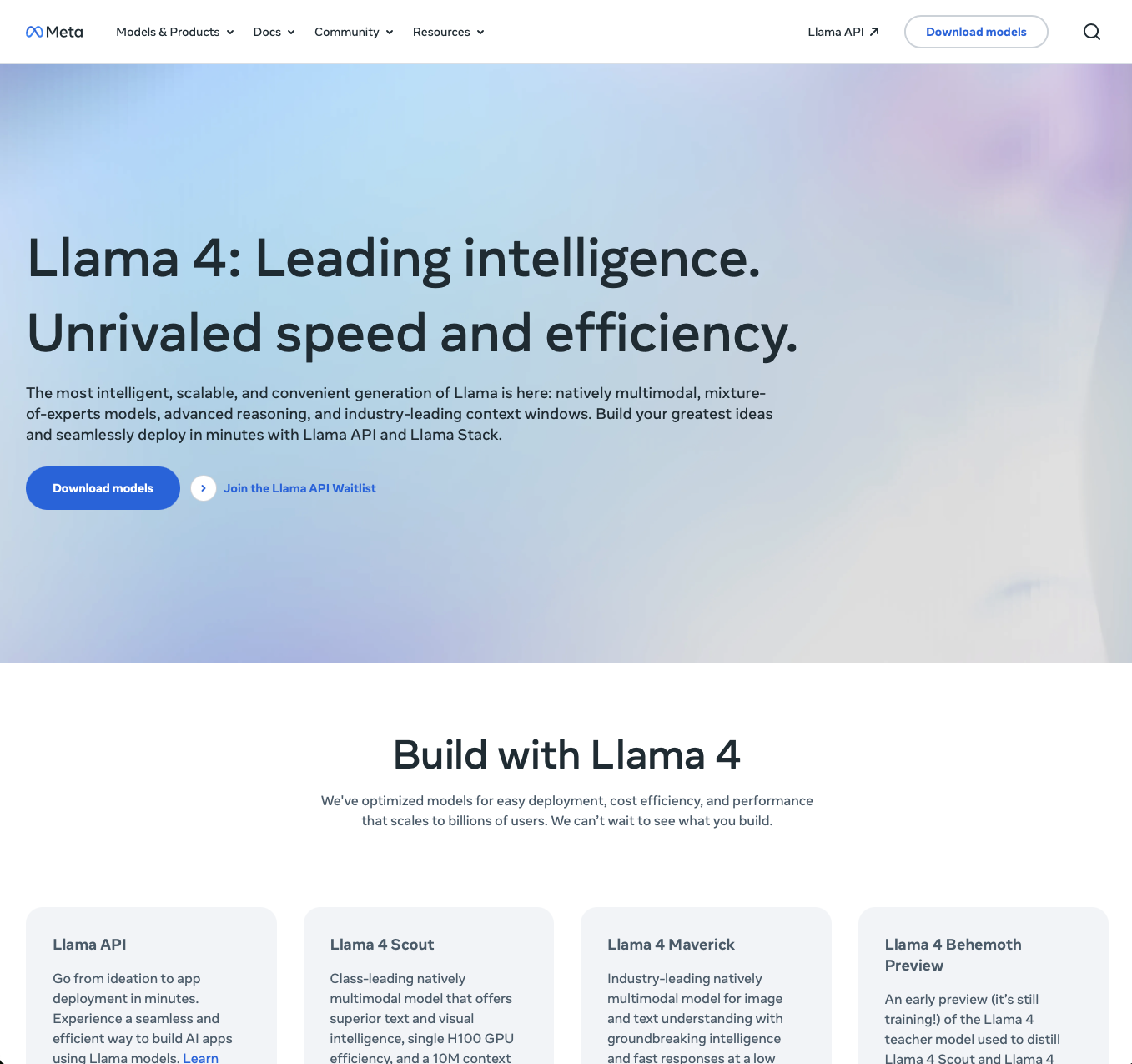 Llama by Meta - Meta's most advanced generation of Llama models featuring natively multimodal capabilities, mixture-of-experts architecture, advanced reasoning, and industry-leading context windows. - Logo showing Natively Multimodal, Advanced Reasoning, Mixture-of-Experts Architecture capabilities for Open Source, Multimodal applications
