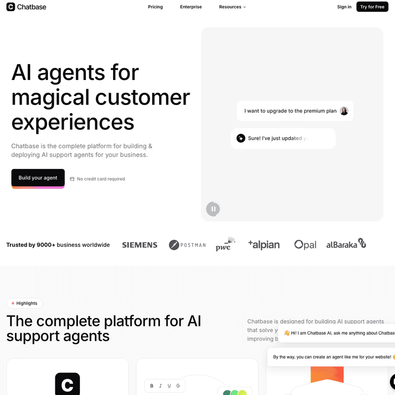 Chatbase by Chatbase - AI-powered chatbot platform that creates intelligent customer service agents trained on your business data - Screenshot of the Chatbase interface showing Custom AI Training, Multi-platform Integration, Analytics Dashboard features for Business, Customer Support, Automation, AI Assistant workflows