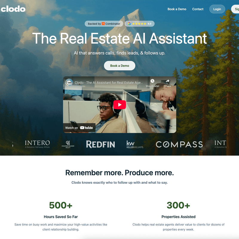 Clodo by Astride Research (Clodo) - Voice-first AI assistant for real estate agents that automates lead management, property matching, and client follow-up - Screenshot of the Clodo interface showing Voice CRM, Lead Management, Property Matching features for Productivity, Real Estate, CRM, Voice workflows