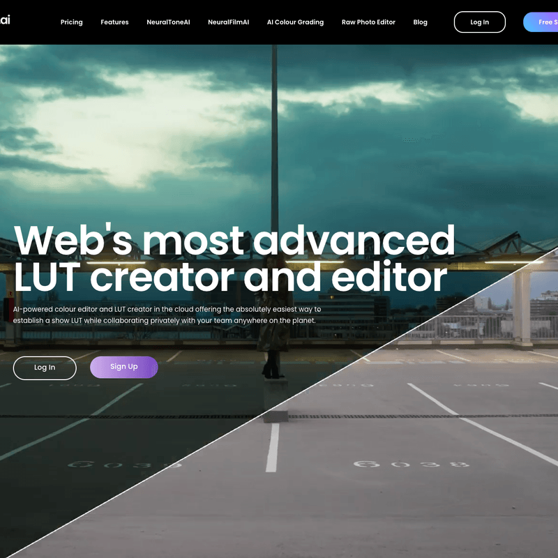 Fylm AI by Fylm.ai - Cloud-based AI-powered color grading and film emulation platform for digital video post-production - Screenshot of the Fylm AI interface showing NeuralFilmAI, NeuralToneAI, Cloud Collaboration features for Video, Creative, Film Production, Color Grading workflows
