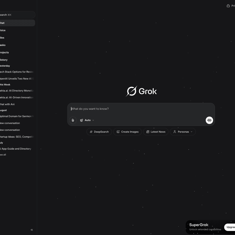 Grok by xAI - AI assistant with real-time information and a unique personality, powered by xAI - Screenshot of the Grok interface showing Real-time Information, Conversational AI, Code Generation features for Research, Writing, Productivity workflows