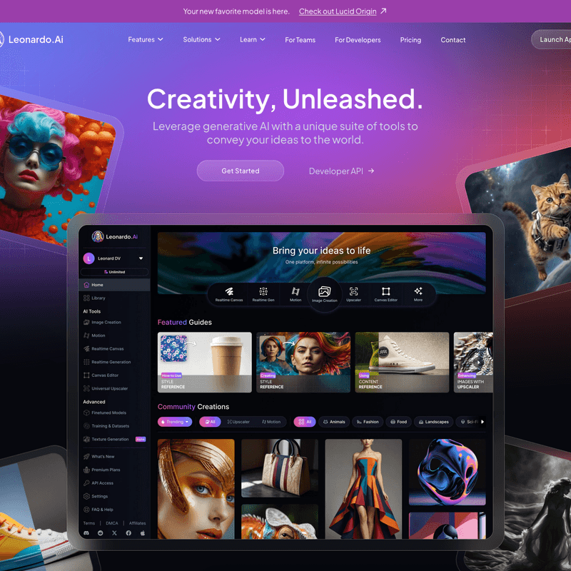 Leonardo AI by Leonardo AI (Canva) - AI-powered image and video generation platform with real-time canvas editing and 3D texture generation - Screenshot of the Leonardo AI interface showing Real-time Canvas, 3D Texture Generation, Motion Video features for Design, Art, Image, 3D, Video workflows