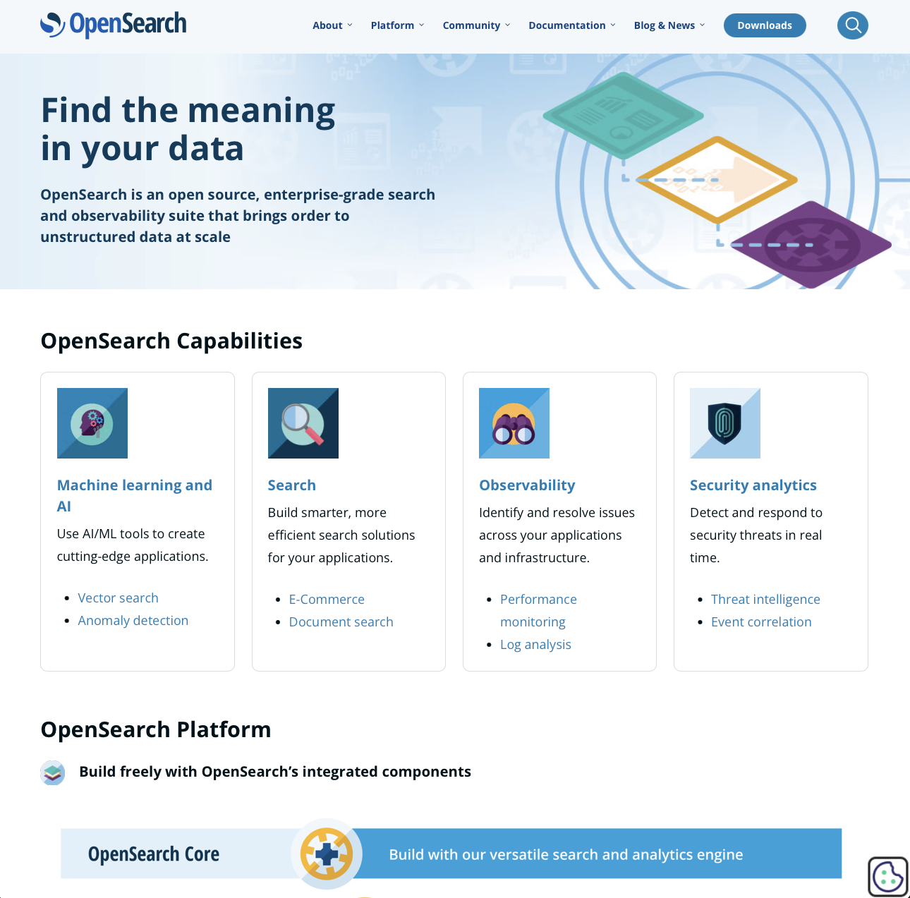 OpenSearch by Amazon Web Services (OpenSearch Project) - Open-source search and analytics suite that provides enterprise-grade search, observability, and visualization capabilities for unstructured data at scale - Screenshot of the OpenSearch interface showing Vector Search, Security Analytics, Real-time Visualization features for Vector Database, Development, Open Source, Enterprise, Business workflows