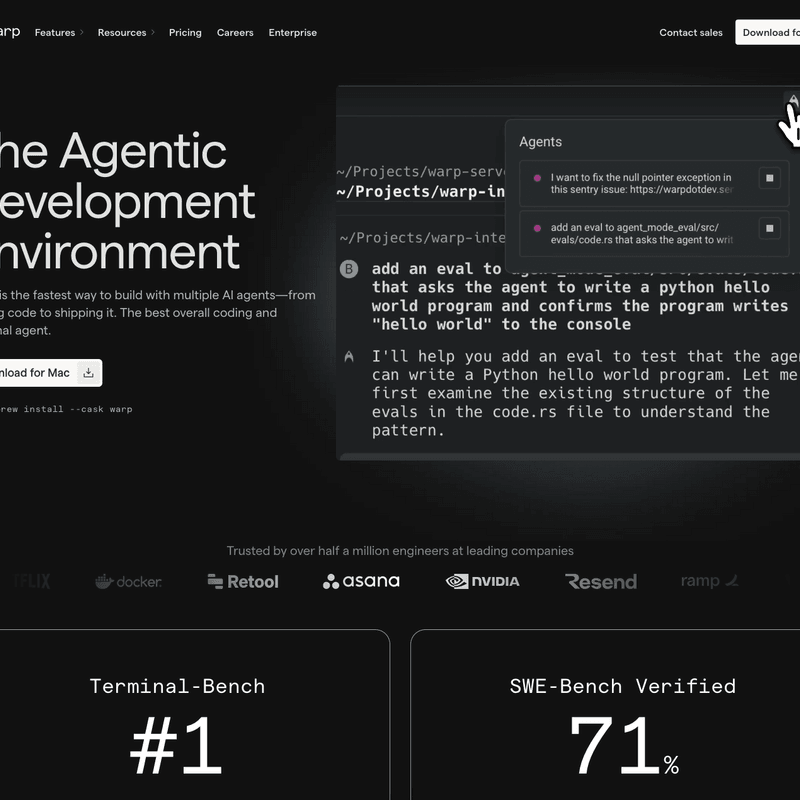 Warp by Warp - AI-powered terminal and development environment that changes how developers build, debug, and ship code - Screenshot of the Warp interface showing AI Agents, Warp Drive, Interactive Blocks features for Development, Productivity, CLI Tool workflows
