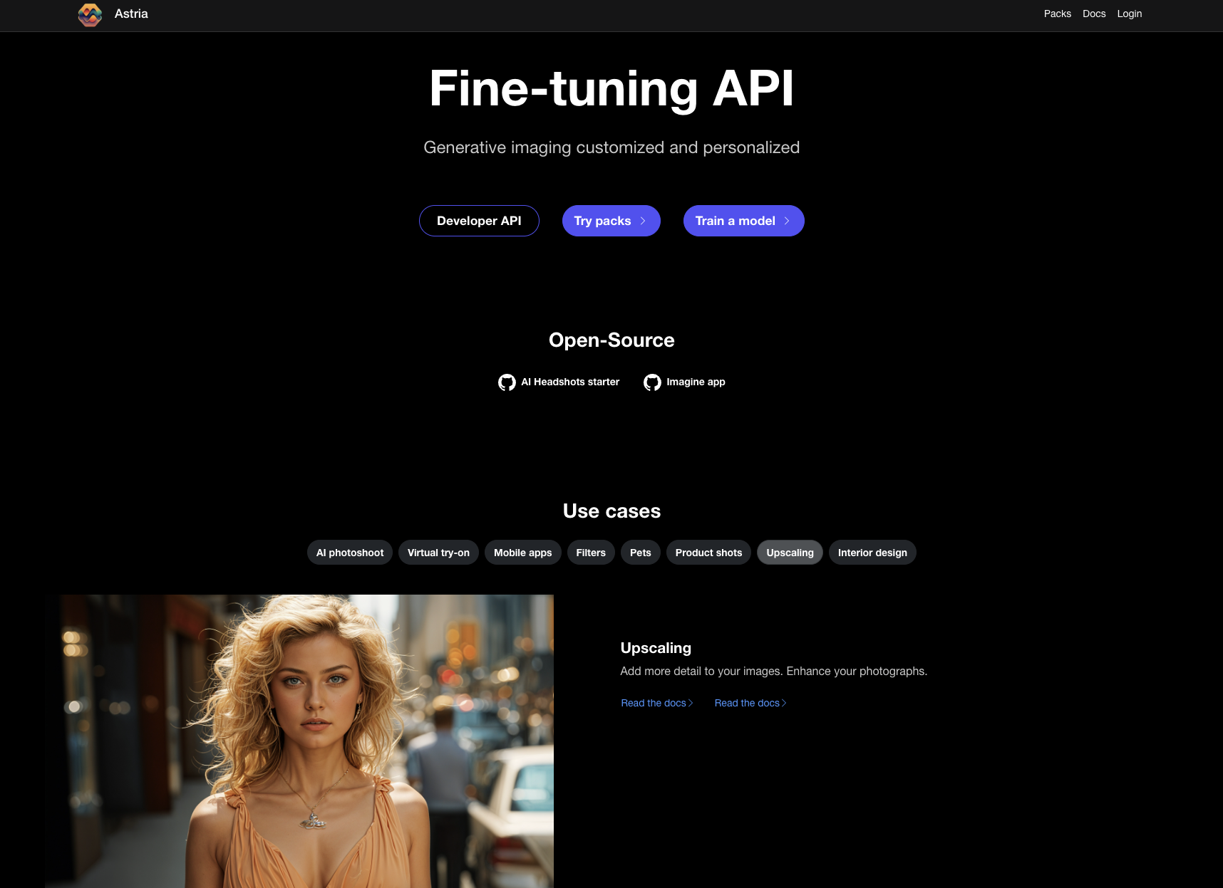 Astria by Astria - Fine-tuning API for generative AI imaging that enables personalized image generation, virtual try-ons, and custom AI photoshoots without DevOps complexity - Screenshot of the Astria interface showing Fine-tuning API, Multiple AI Models, Auto-scaling Infrastructure features for Design, Image, Marketing, 3D workflows
