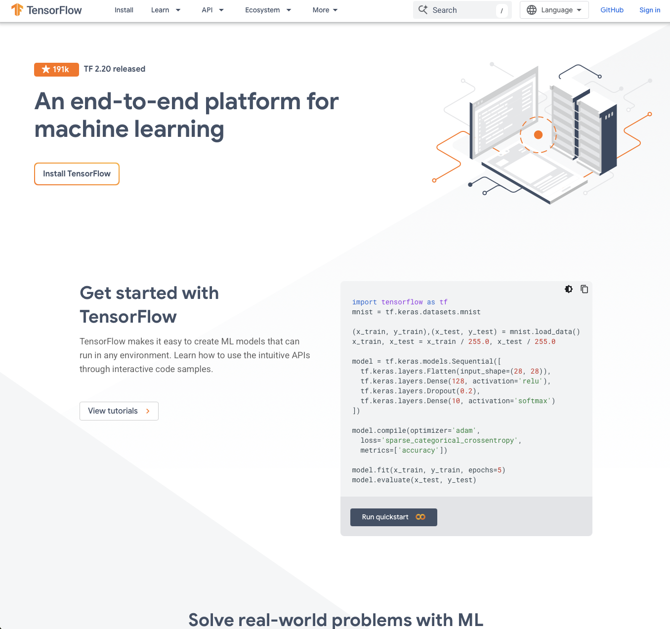 TensorFlow by undefined - Open-source machine learning platform that enables developers to build, train, and deploy ML models across web, mobile, and cloud environments. - Screenshot of the TensorFlow interface showing Cross-platform deployment, Neural network training, Production-ready ecosystem features for Development, AI Assistant, Business, Enterprise workflows