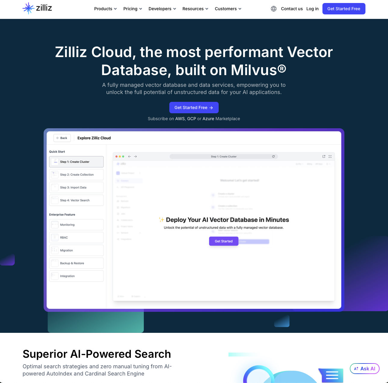 Zilliz Cloud by Zilliz Inc. - Fully managed vector database service built on Milvus, offering AI-powered optimization and enterprise-grade scalability for vector search applications - Screenshot of the Zilliz Cloud interface showing AI-powered AutoIndex, Multi-cloud Deployment, Hybrid Search features for Vector Database, Enterprise, Business, Development workflows