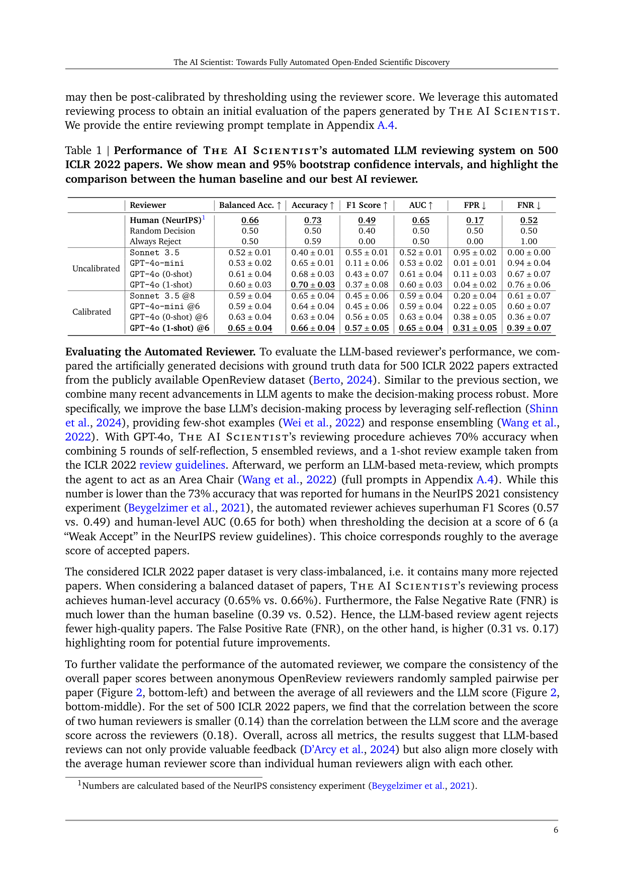 Table 1 | Performance of THE AI SCIENTIST’s automated LLM reviewing system on 500 ICLR 2022 papers.