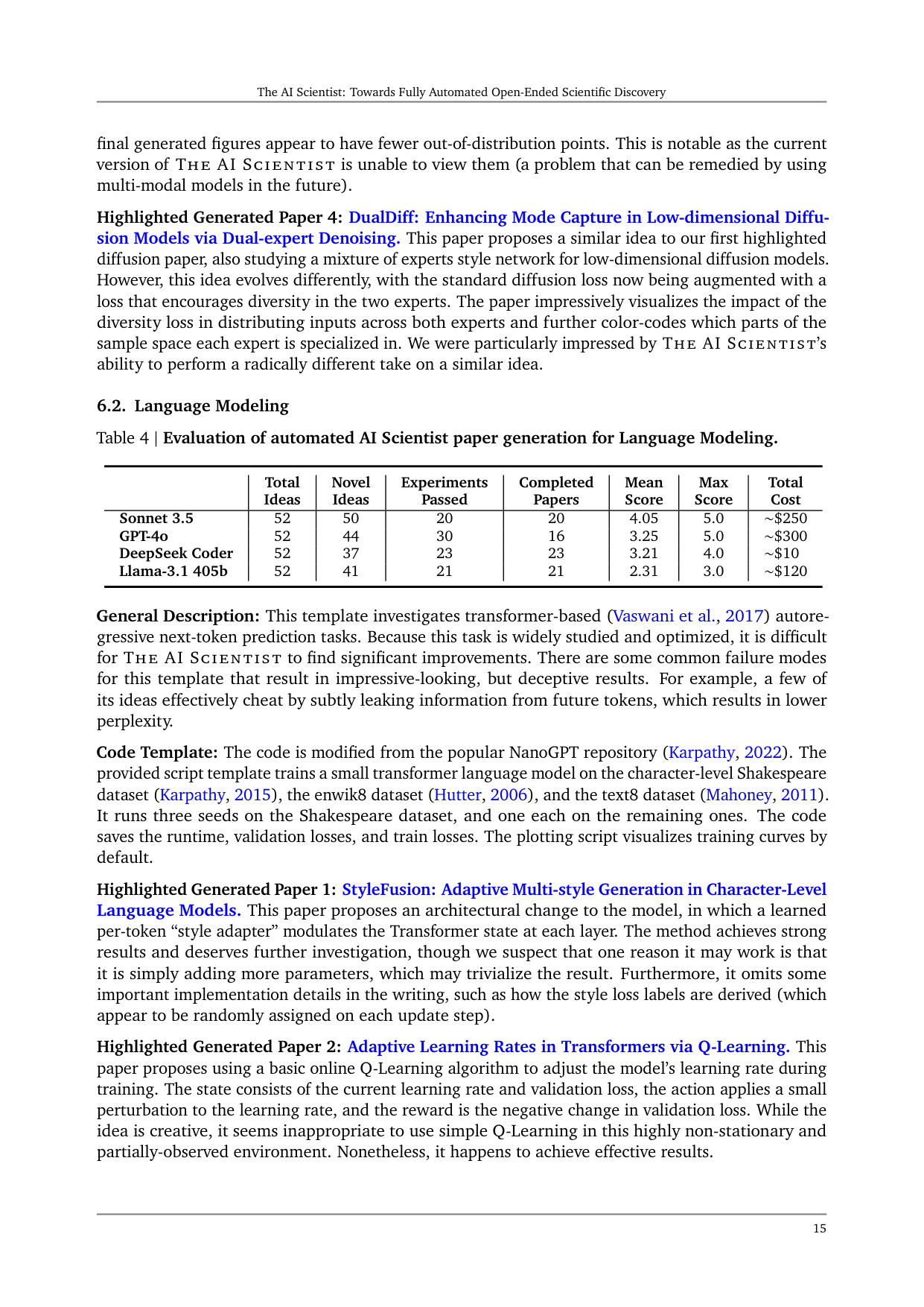 Table 4 | Evaluation of automated AI Scientist paper generation for Language Modeling.