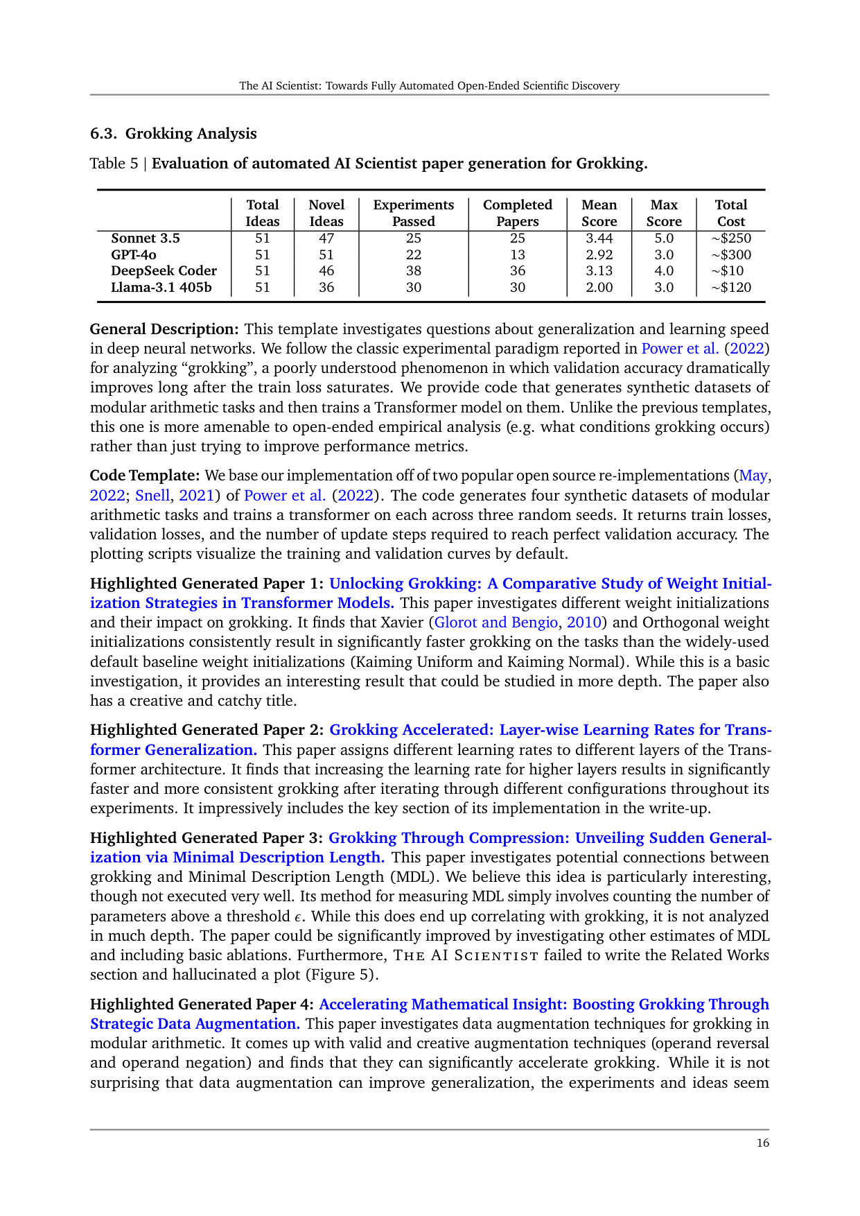 Table 5 | Evaluation of automated AI Scientist paper generation for Grokking.